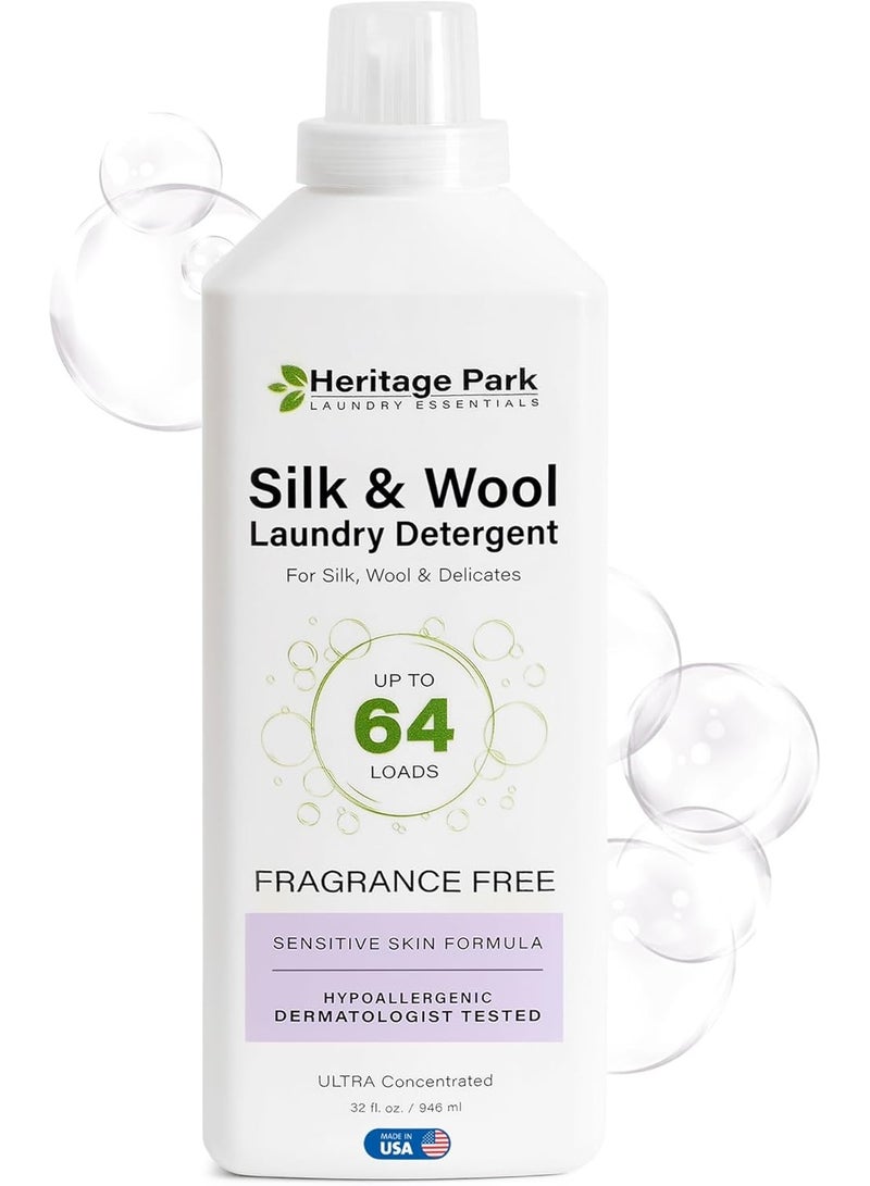 Heritage Park Silk & Wool Fragrance Free, Hypoallergenic, pH-Neutral Laundry Detergent - Dermatologist-tested, Sensitive Skin-Friendly, Enzyme-Free, Concentrated Up to 64 loads (32 fl oz)